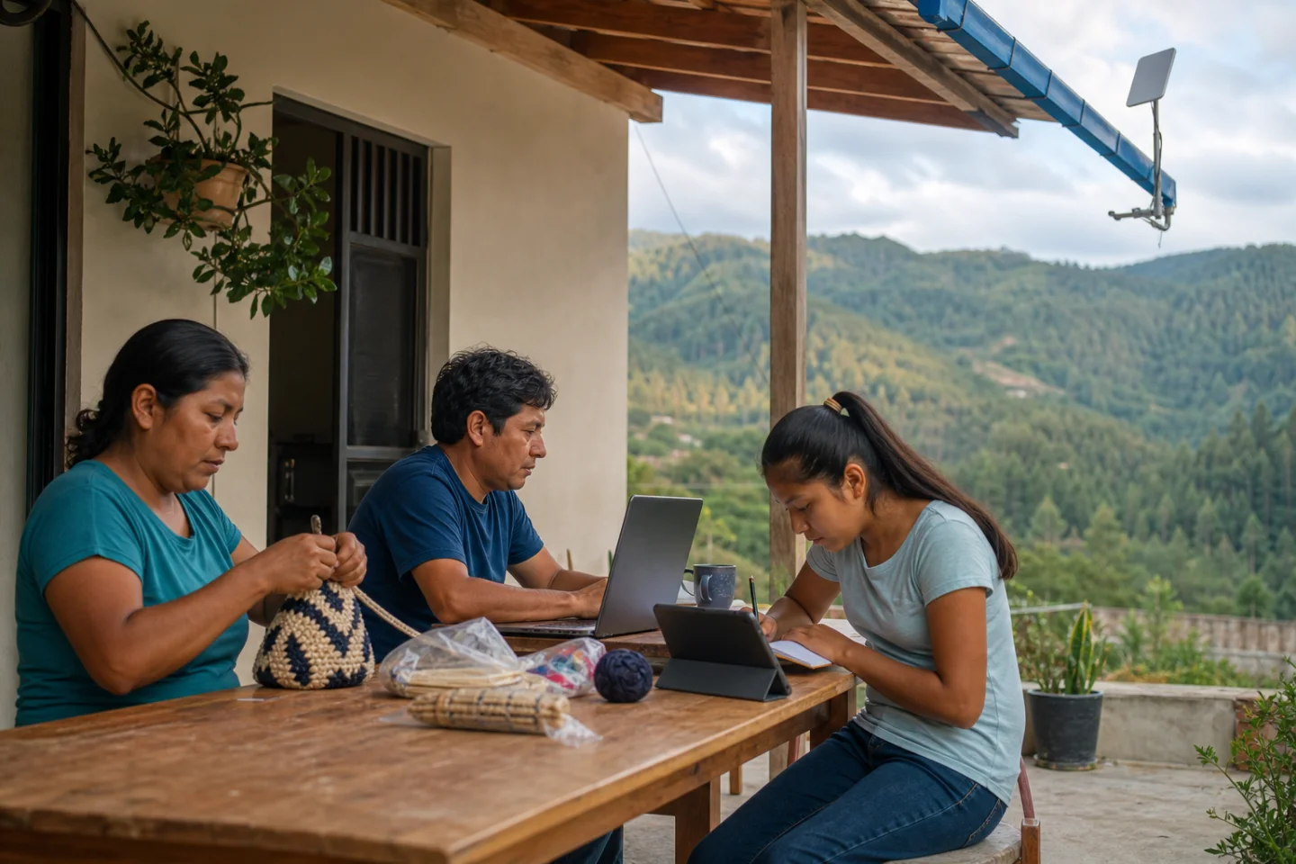Familia utilizando internet para trabajar y estudiar en una vivienda de la Sierra Sur