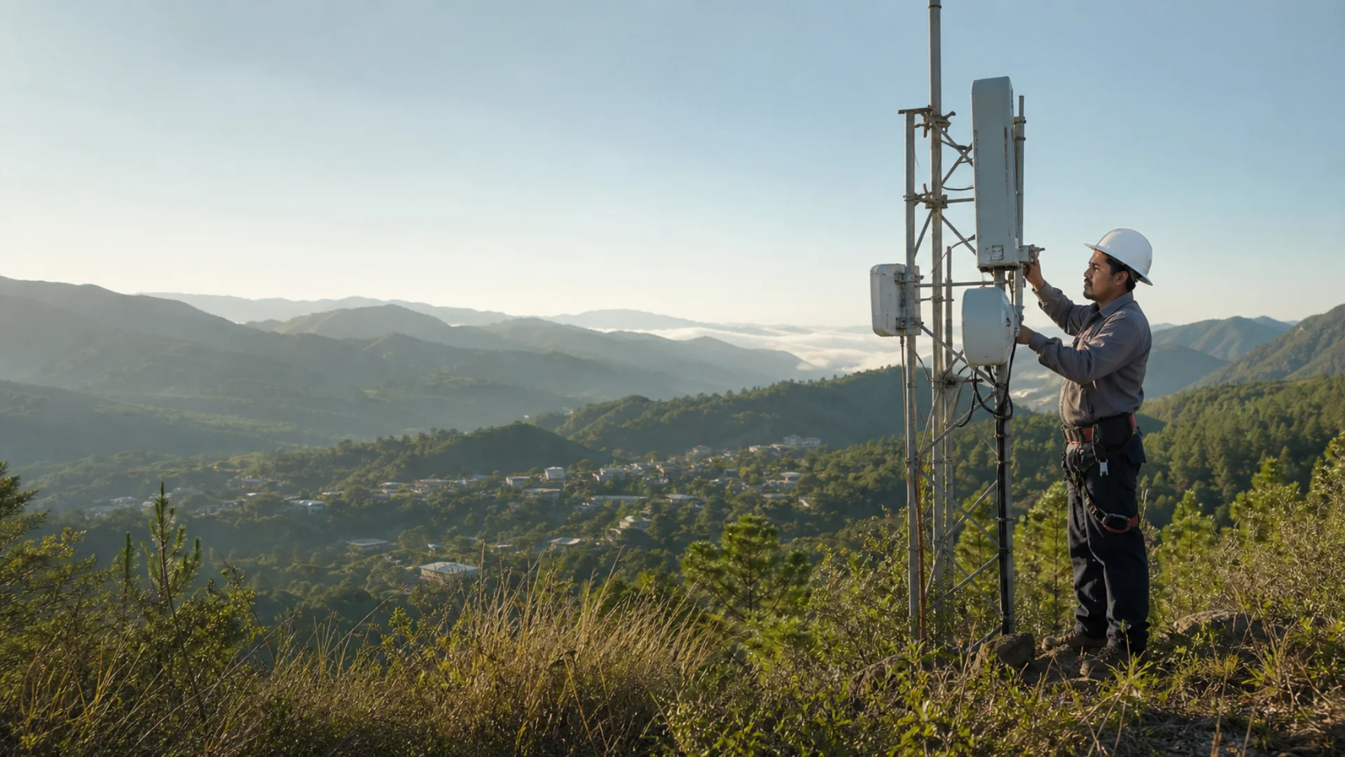 Técnico de telecomunicaciones junto a una antena con las montañas de la Sierra Sur al fondo